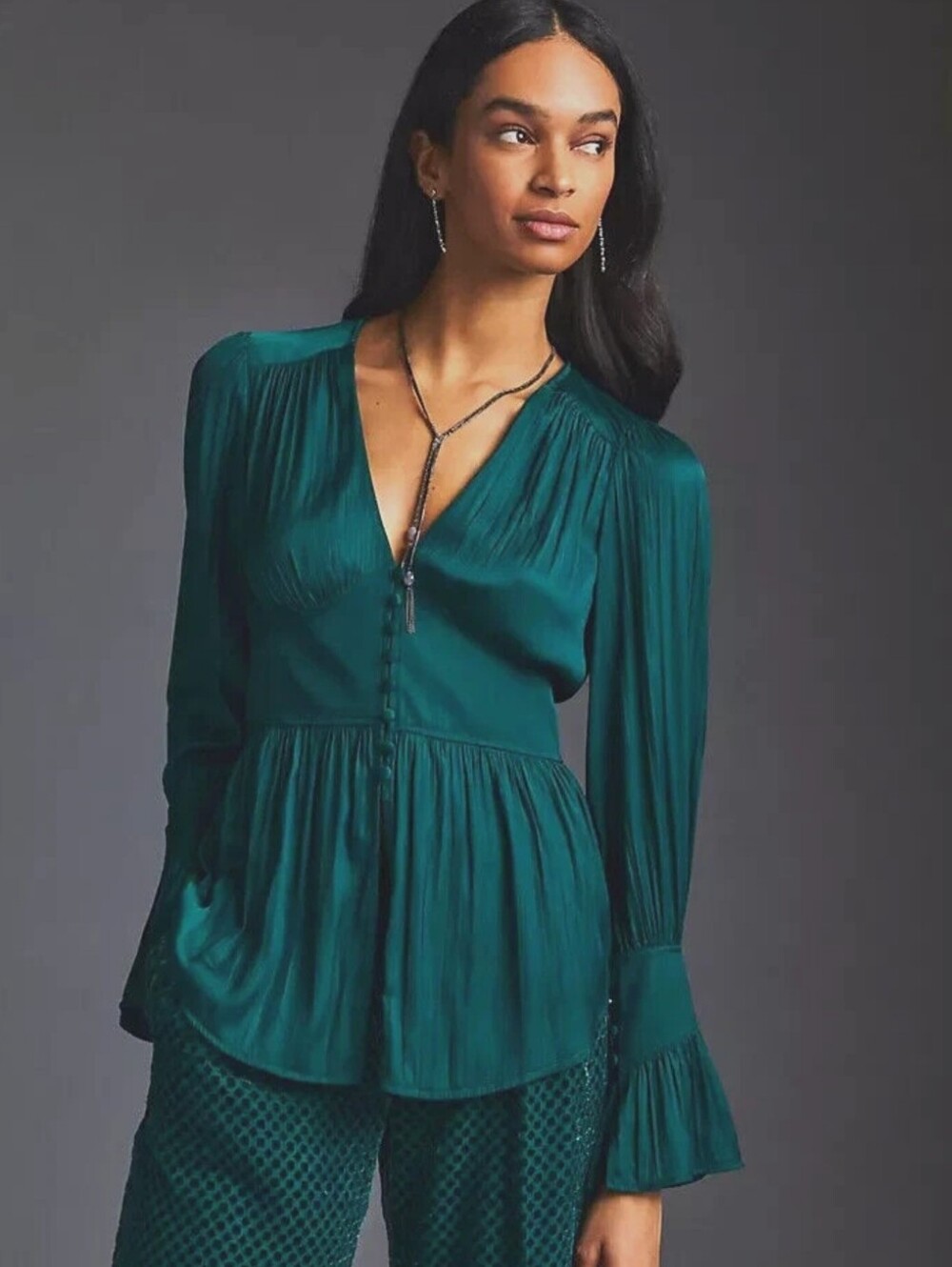 Anthropologie Emerald Green Satin Deep V-neck Tunic Top Flared Sleeves XXS